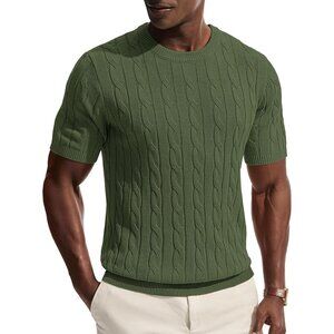 Men's Green Crewneck Tee Shirt Cable Knit Tee Imported Short Sleeve T-shirts